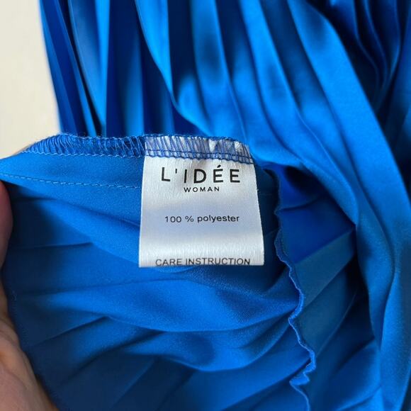 L’IDEE Renaissance Moroccan Blue Pleated Satin‎ Crisscross Halter Mini Dress NWT - Picture 9 of 10